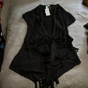 Design History Black Knit Cardigan with Fringe